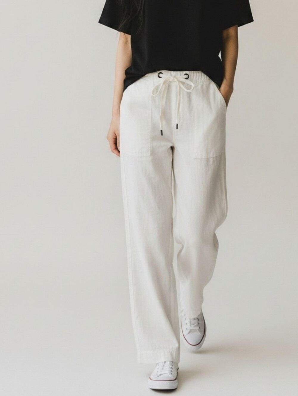 Roxy Woman's Vintage Y2K Cream Drawstring Wide-Leg Cotton Pants Preppy Chic